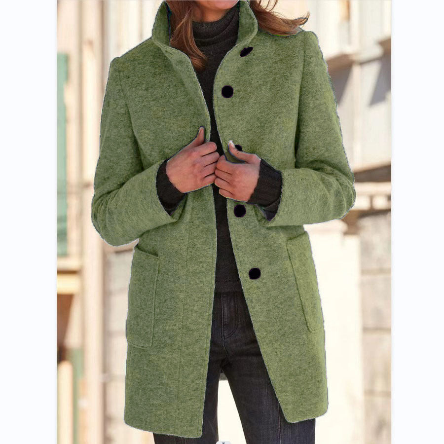 Woman wearing stand collar wool-look coat