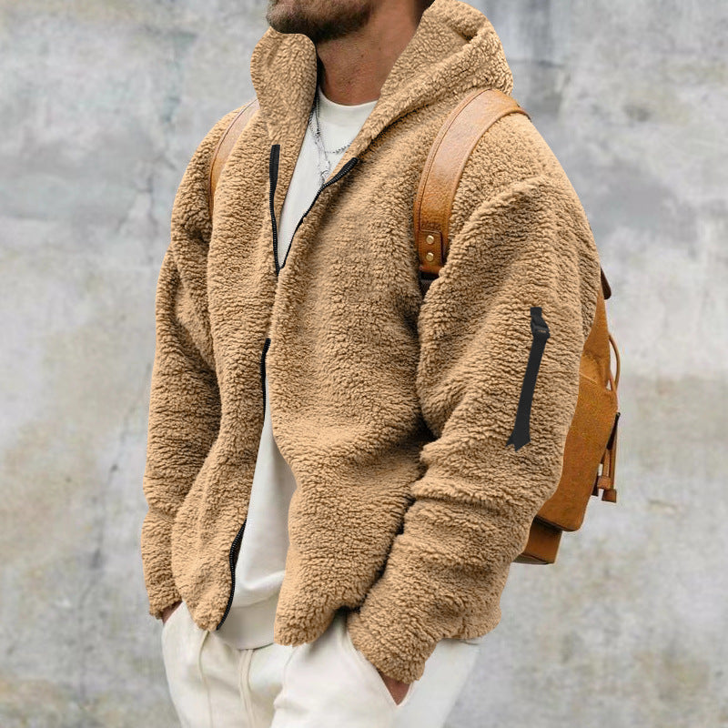 Man in a teddy fleece hooded jacket