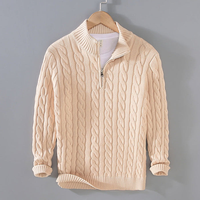Men's Cable-Knit Half-Zip Jumper with Ribbed Collar