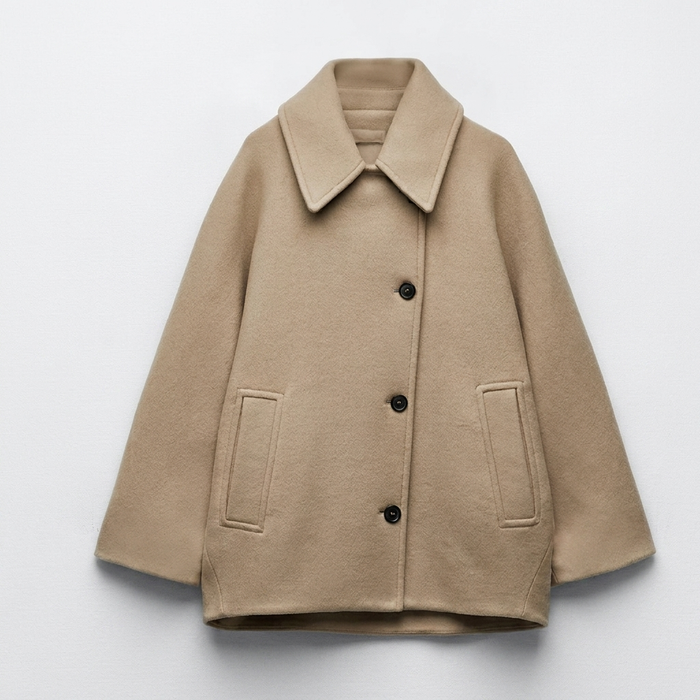 Women's Button-Front Coat with Wide Collar and Patch Pockets