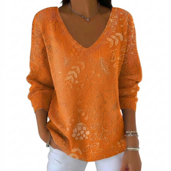 Women's V-Neck Knit Top with Floral Pattern