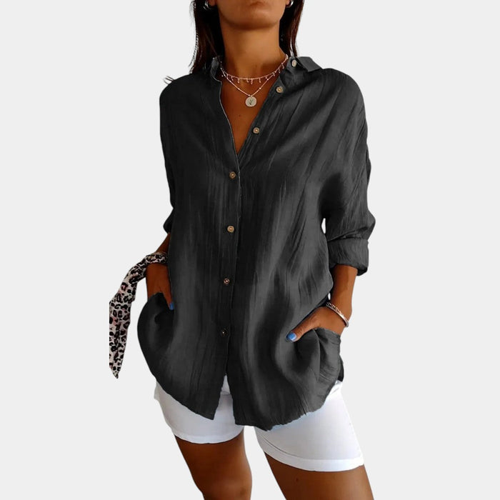 Women's Collared Button-Front Tunic Blouse