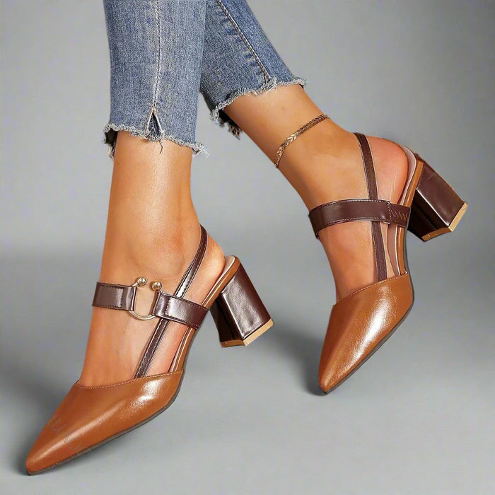 Women's Pointed-Toe Block-Heel Slingback Shoes with Ankle Strap