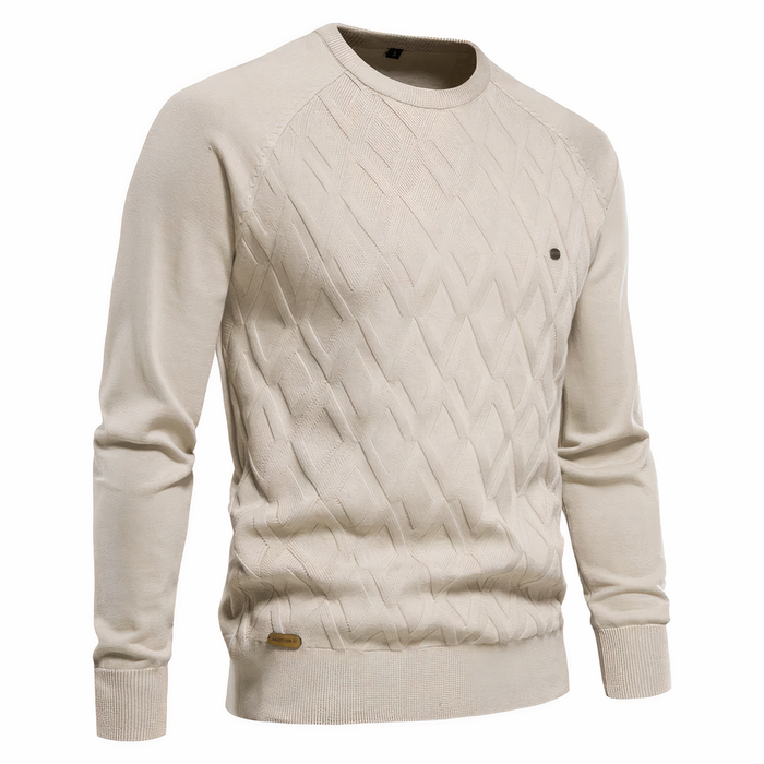 Men's Diamond Pattern Crew Neck Jumper with Ribbed Cuffs