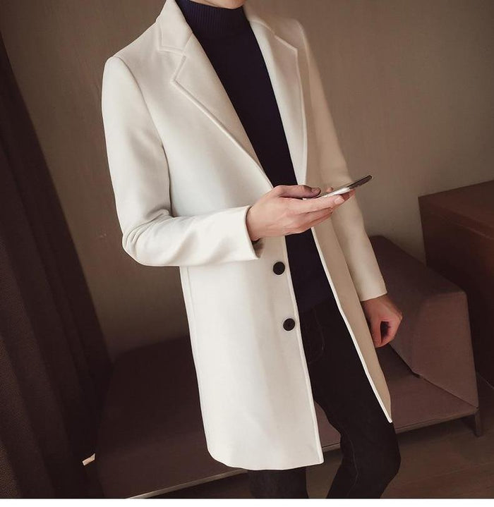 Men's Slim Fit Wool Overcoat Notch Lapel Long Button Front