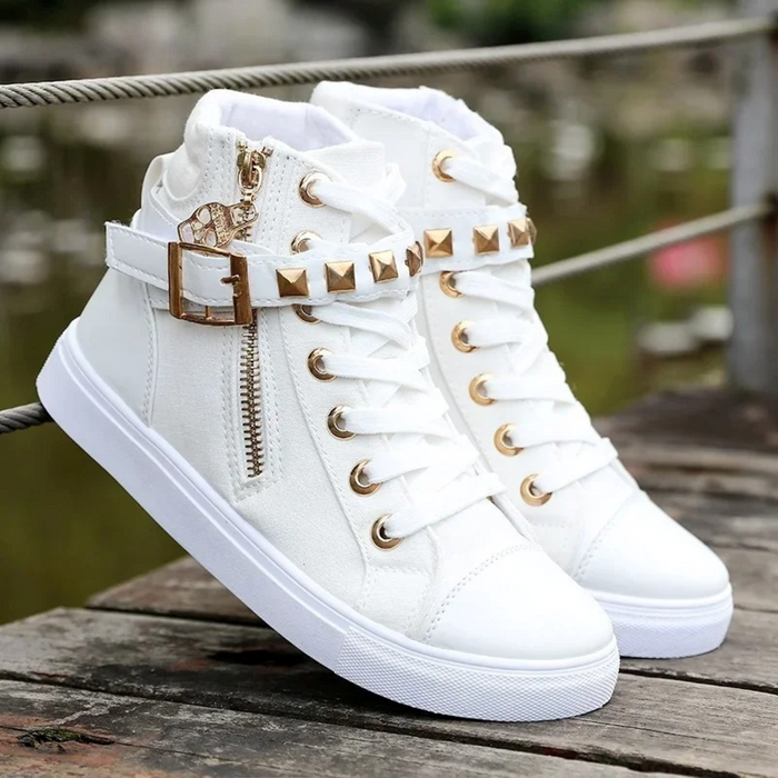 White Leather High Sneakers with Zip for Ladies - Ava